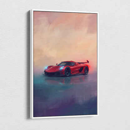 Red koenigsegg jesko attack hypercar stylized painting in white frame luxury automotive wall art canvas print