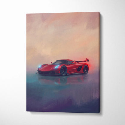 Vibrant red koenigsegg jesko attack hypercar canvas print with glowing blue headlights and dramatic lighting wall art