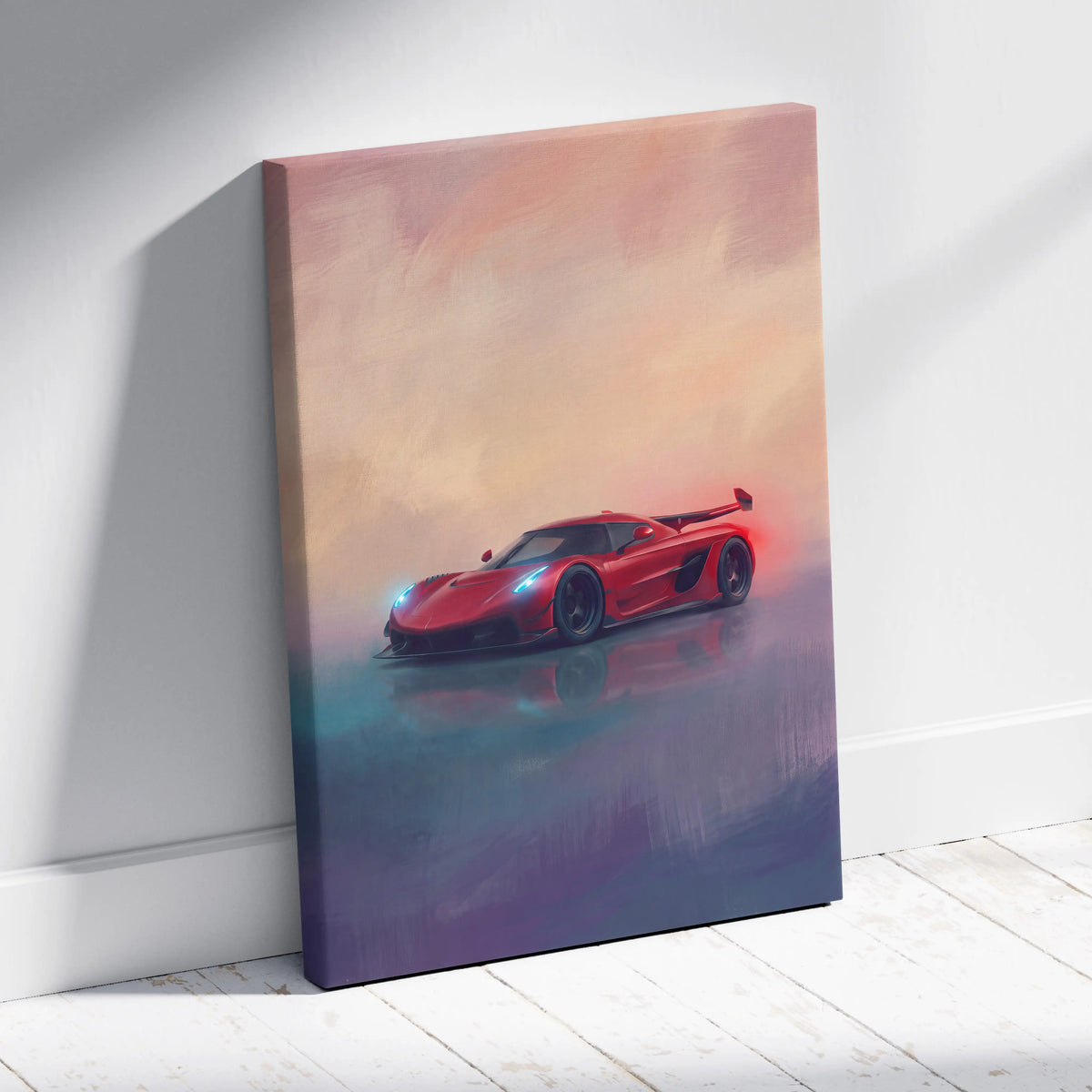 Red koenigsegg jesko attack hypercar painting on canvas luxury automotive wall art supercar print