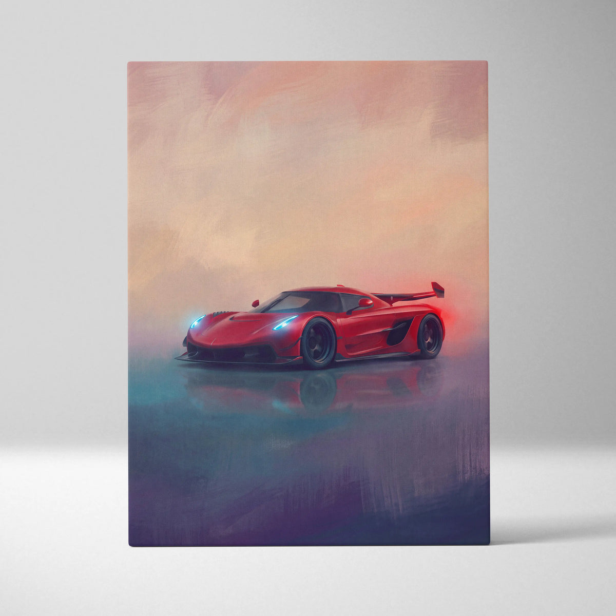 Red koenigsegg jesko attack inspired automotive wall art featuring glowing blue headlights and rear wing canvas print