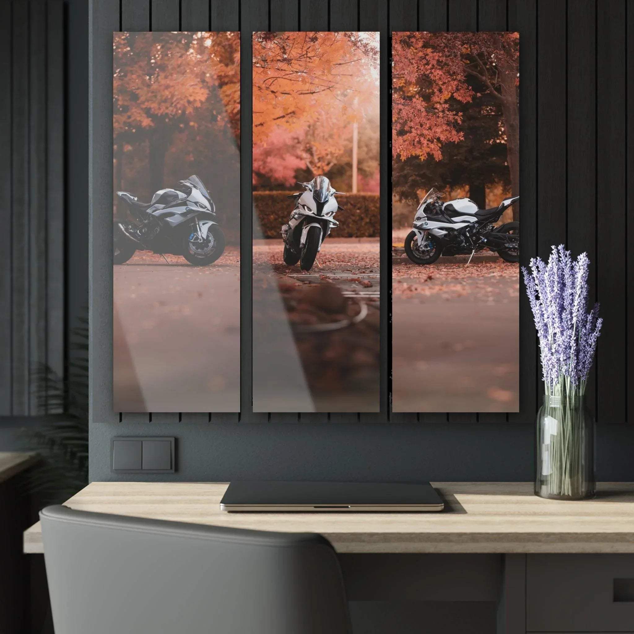 Three-piece acrylic canvas wall art featuring BMW S1000RR motorcycles with autumn foliage background.
