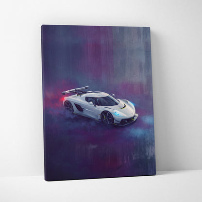 White koenigsegg jesko attack inspired hypercar canvas art with glowing blue headlights and red taillights on purple background