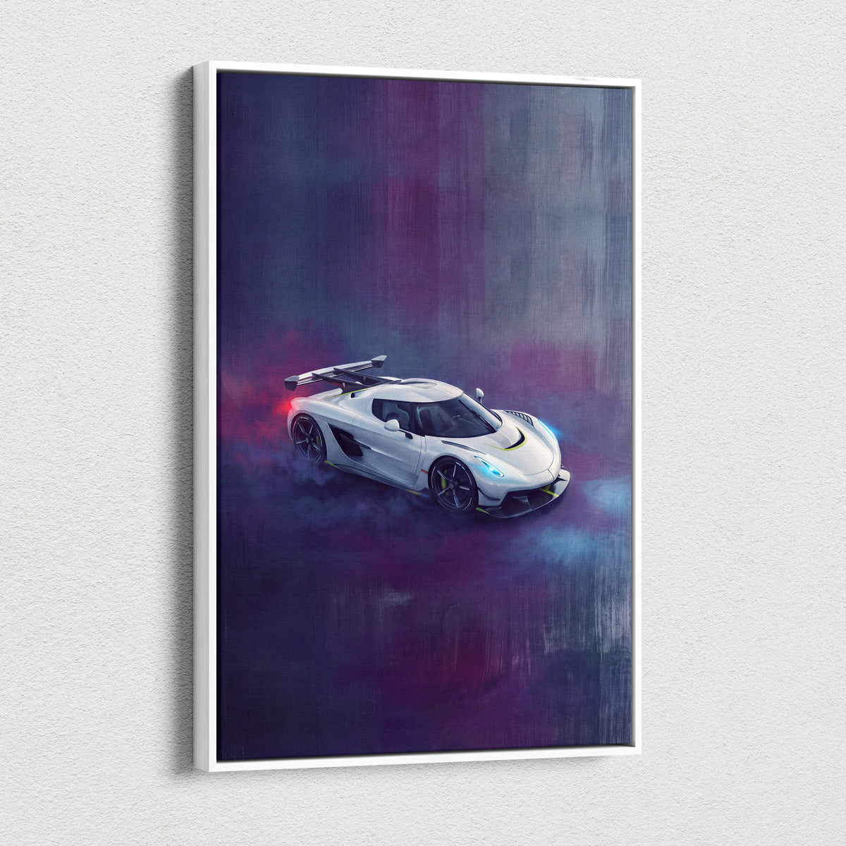 White framed canvas print of Koenigsegg Jesko Attack inspired supercar with blue headlights on moody purple gray background