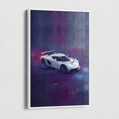White framed canvas print of Koenigsegg Jesko Attack inspired supercar with blue headlights on moody purple gray background