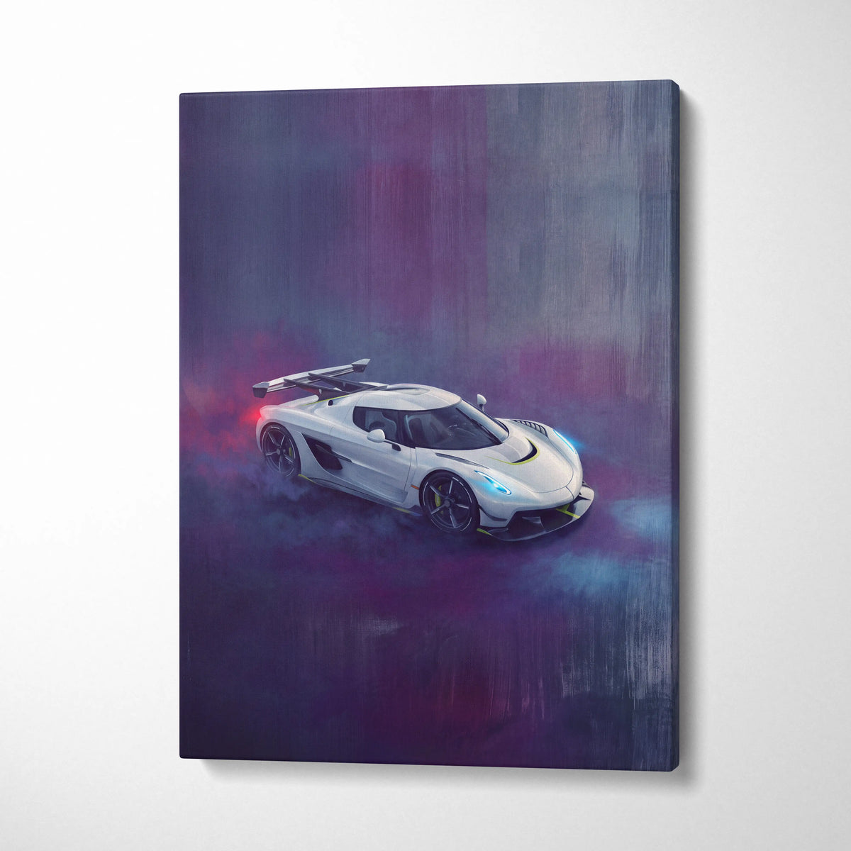 Koenigsegg jesko attack inspired supercar canvas art with white hypercar and glowing blue red accents on purple gray background