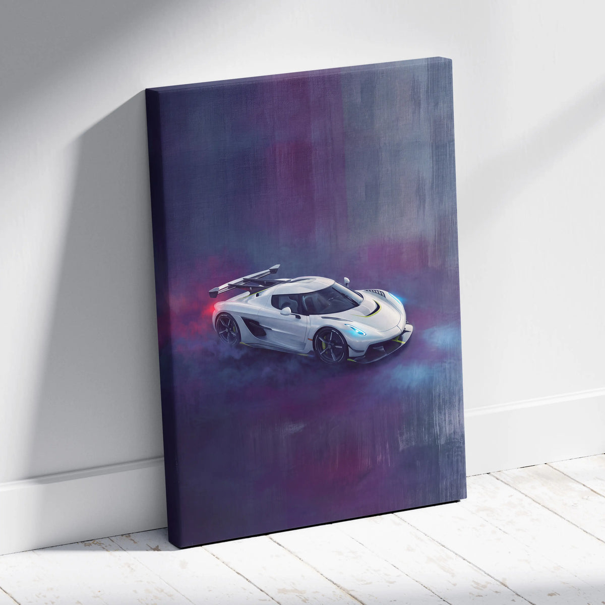 White koenigsegg jesko attack hypercar canvas art print with glowing blue and red accents on dark purple smoky background