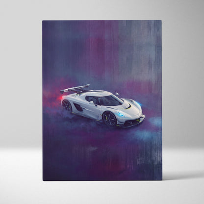 White Koenigsegg Jesko hypercar canvas art with glowing blue headlights on smoky purple background for wall decor