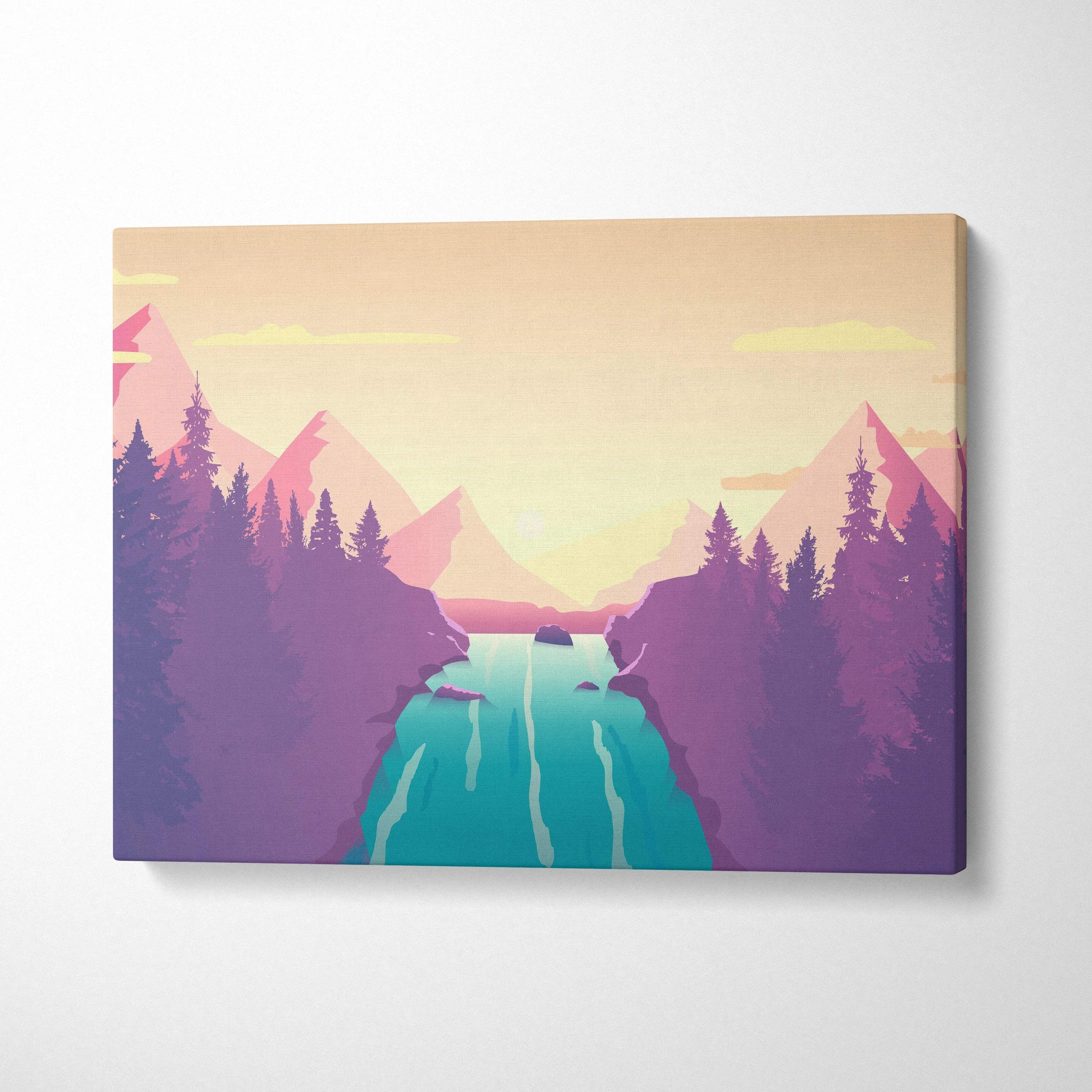 Pastel mountain river sunrise canvas wall art with pink peach sky and teal waterfall