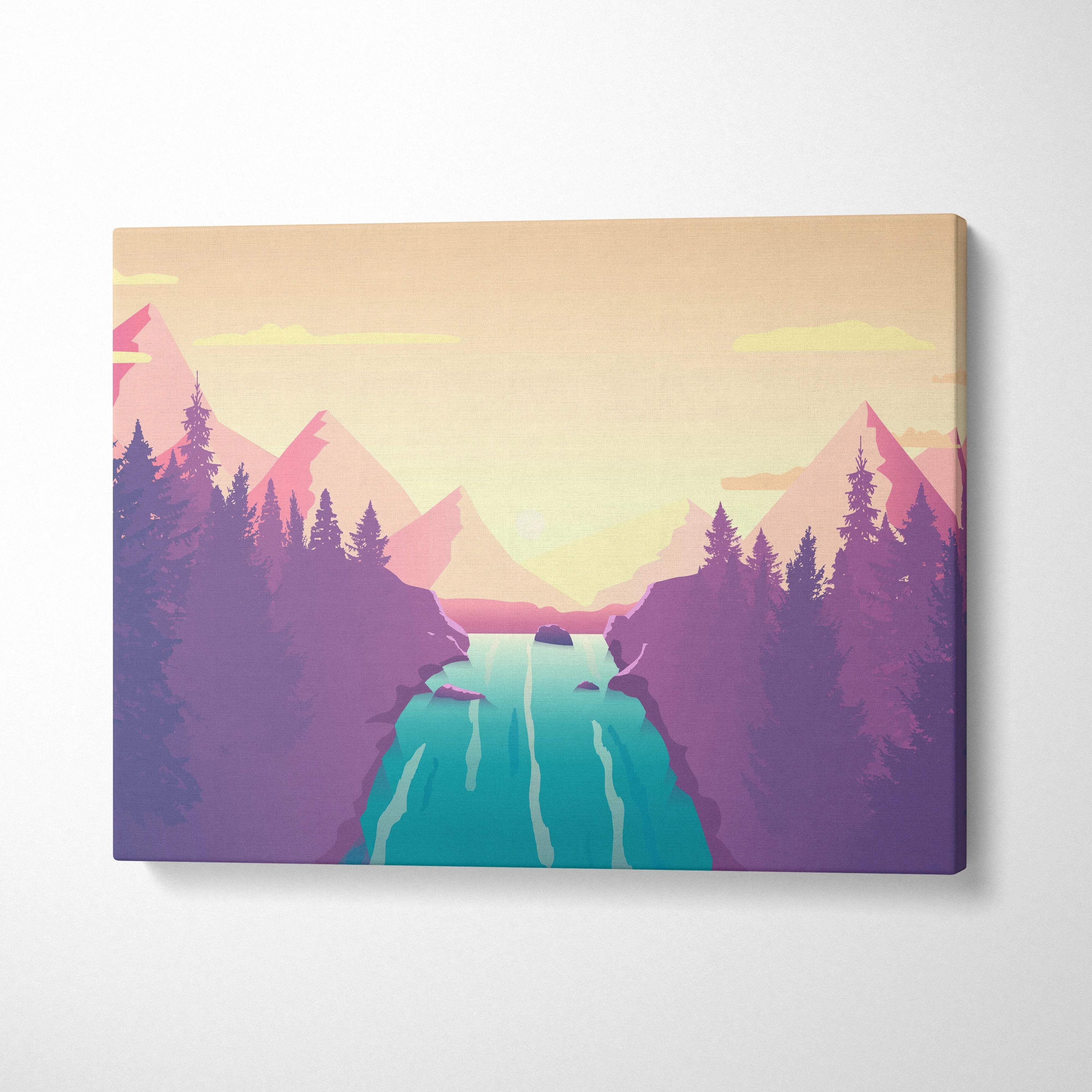 Pastel mountain river sunrise canvas wall art with pink peach sky and teal waterfall