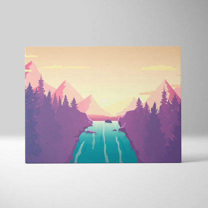 Pastel mountain river sunrise canvas wall art with pink peach sky and teal waterfall