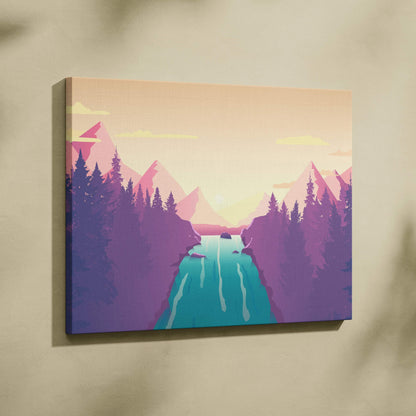Pastel mountain river sunrise canvas wall art with pink peach sky and teal waterfall