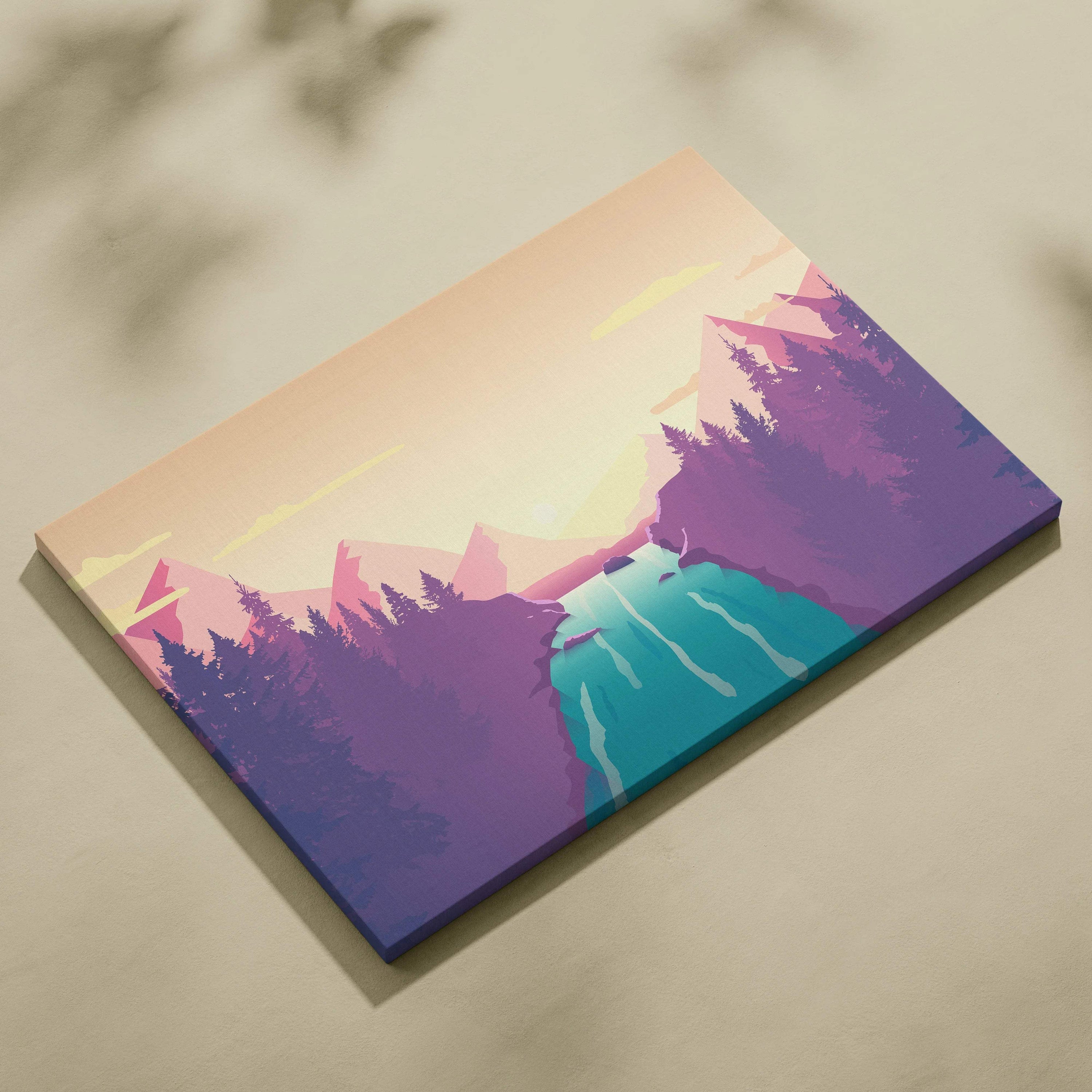 Pastel mountain river sunrise canvas wall art with pink peach sky and teal waterfall