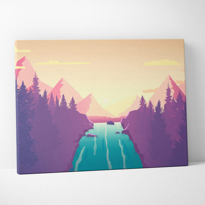 Pastel mountain river sunrise canvas wall art with pink peach sky and teal waterfall