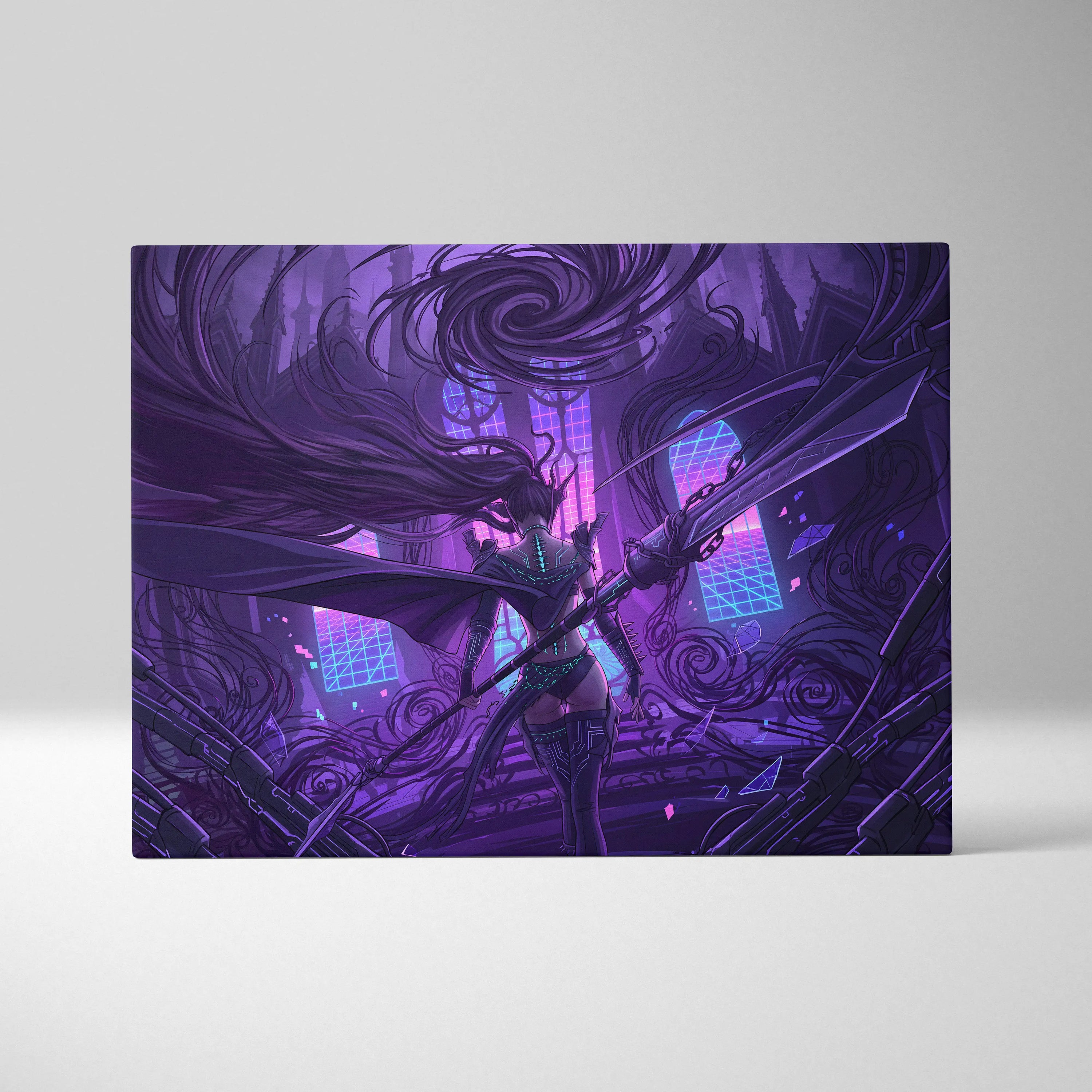 Vaporwave Neon Mythic Canvas - Mythic Heroine Purple Neon Living Room Vaporwave Moody Retro Futurism Wall Art