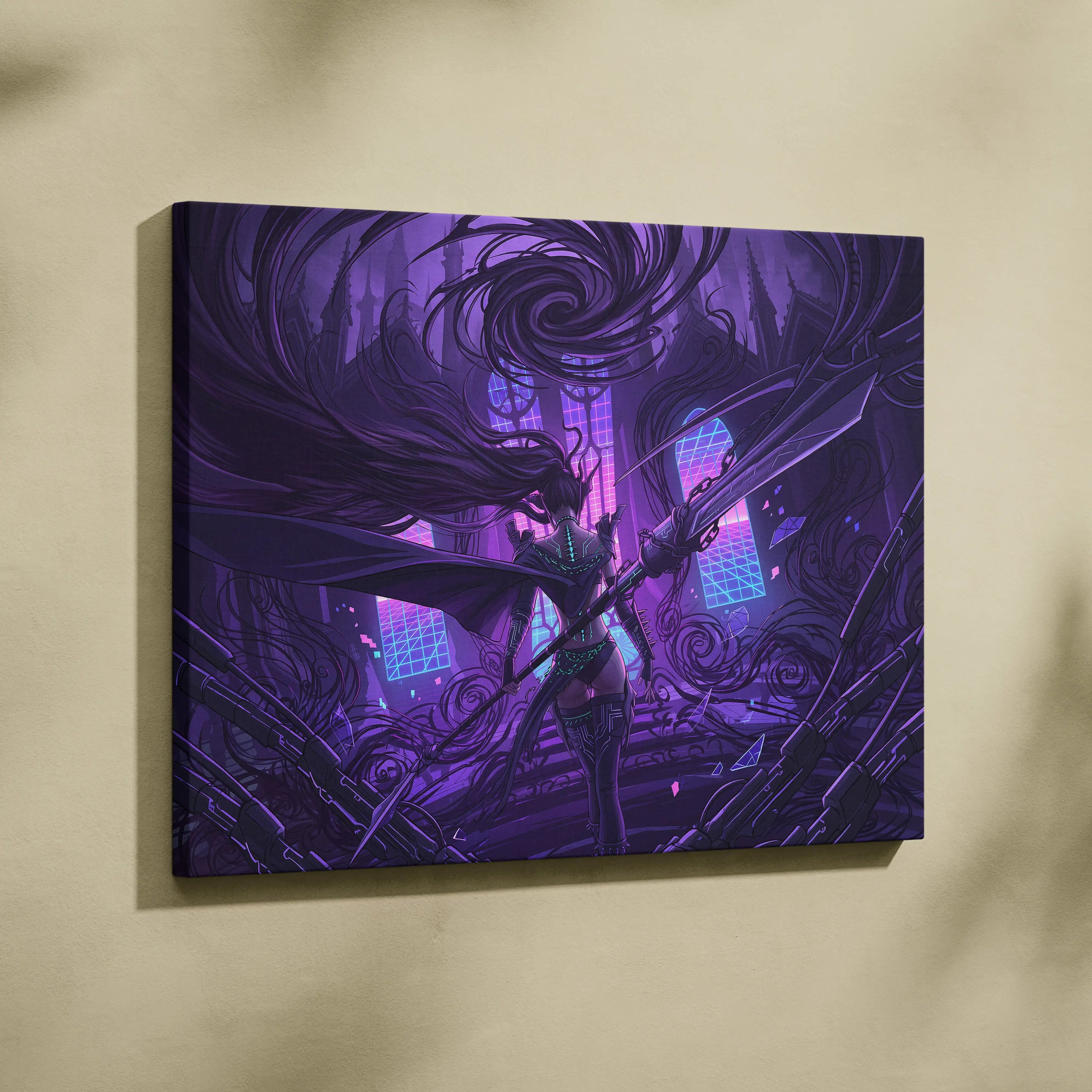 Vaporwave Neon Mythic Canvas - Mythic Heroine Purple Neon Living Room Vaporwave Moody Retro Futurism Wall Art