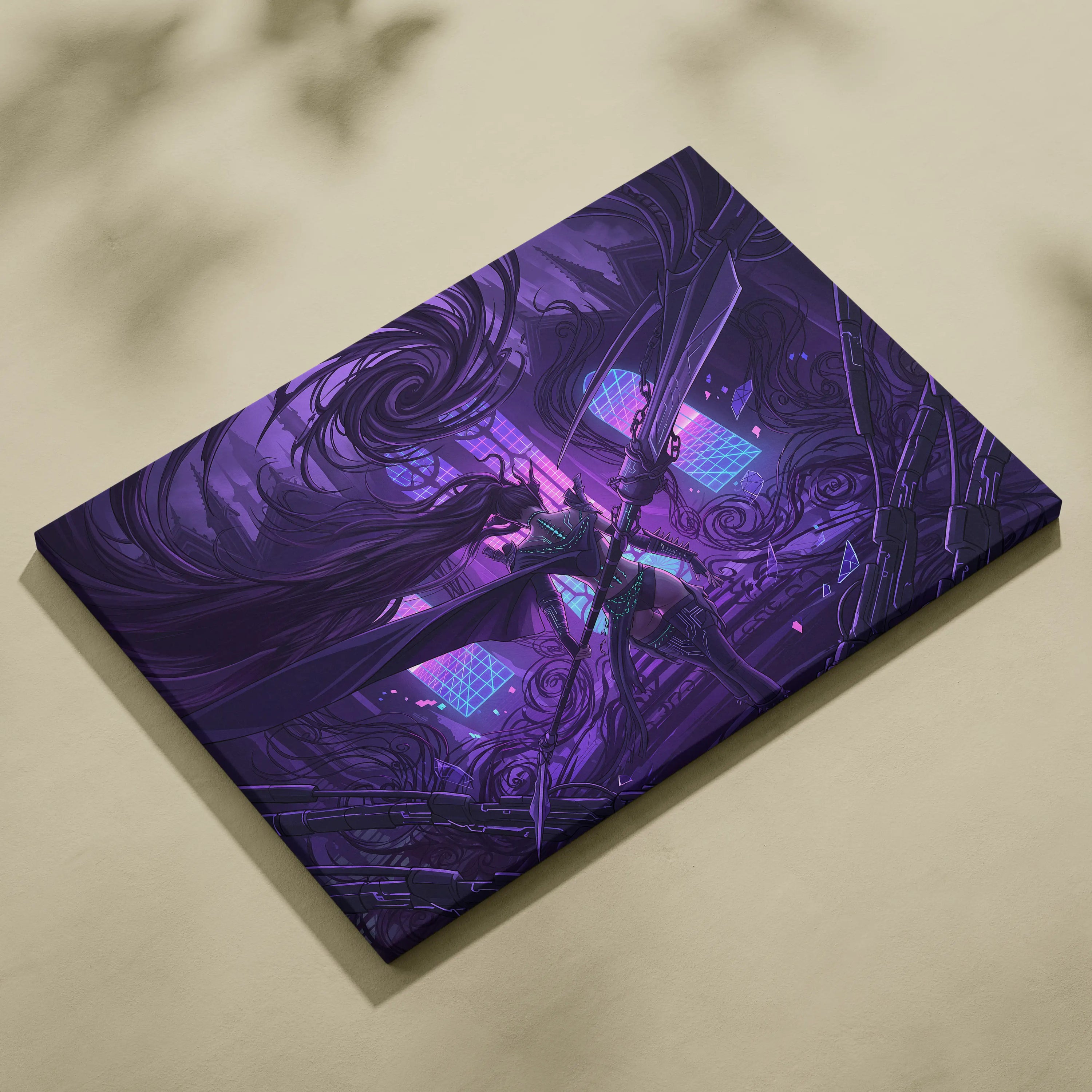 Vaporwave Neon Mythic Canvas - Mythic Heroine Purple Neon Living Room Vaporwave Moody Retro Futurism Wall Art