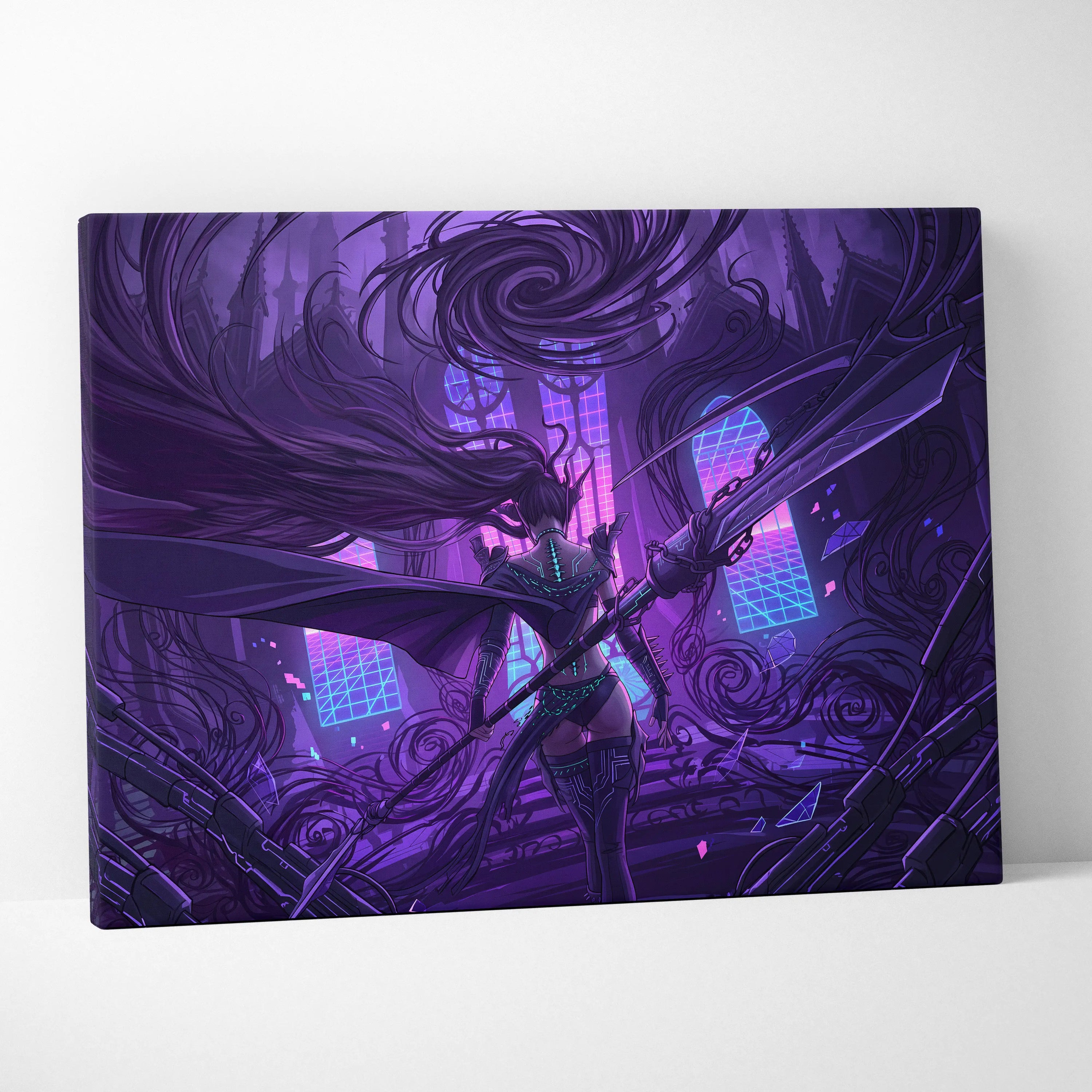 Vaporwave Neon Mythic Canvas - Mythic Heroine Purple Neon Living Room Vaporwave Moody Retro Futurism Wall Art