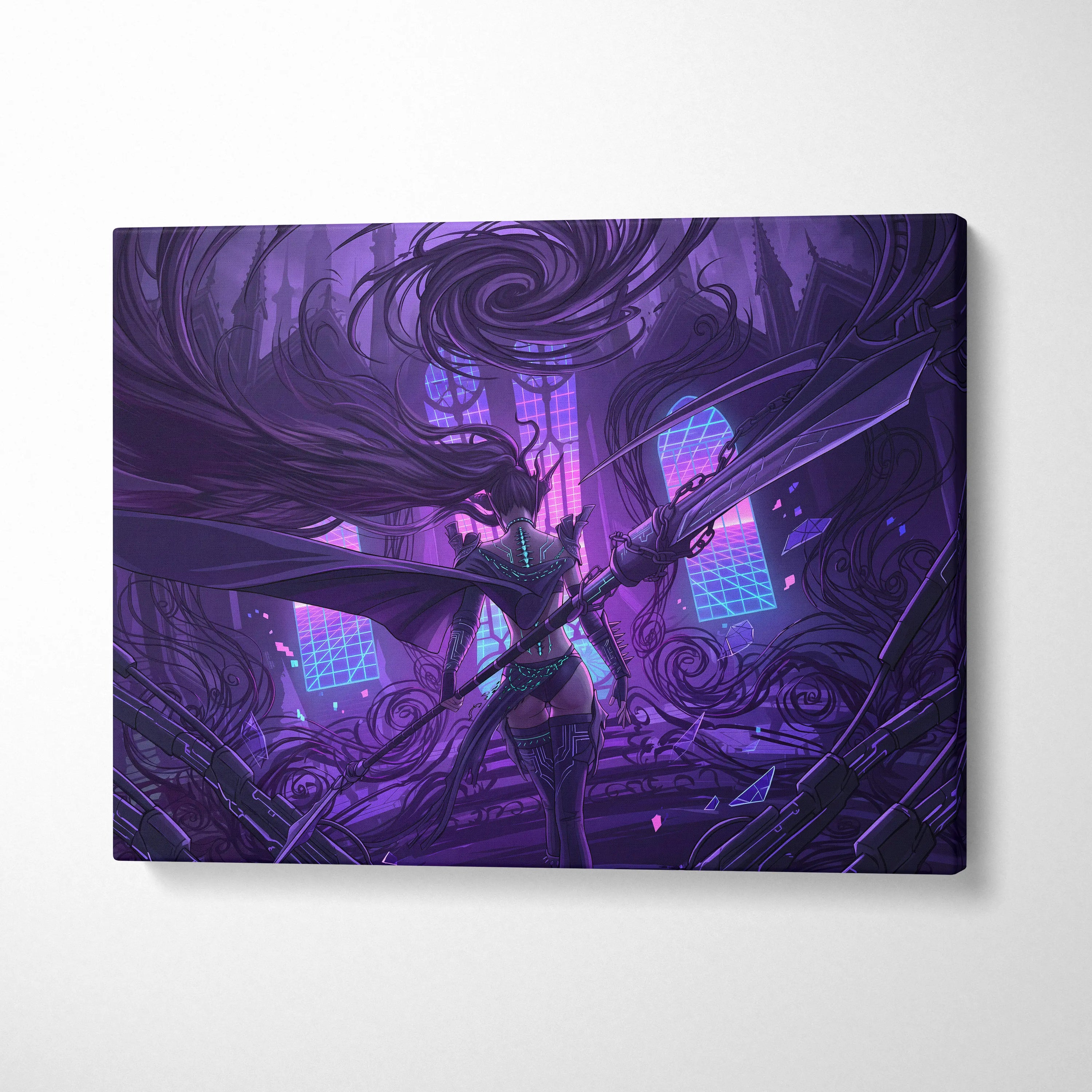 Vaporwave Neon Mythic Canvas - Mythic Heroine Purple Neon Living Room Vaporwave Moody Retro Futurism Wall Art