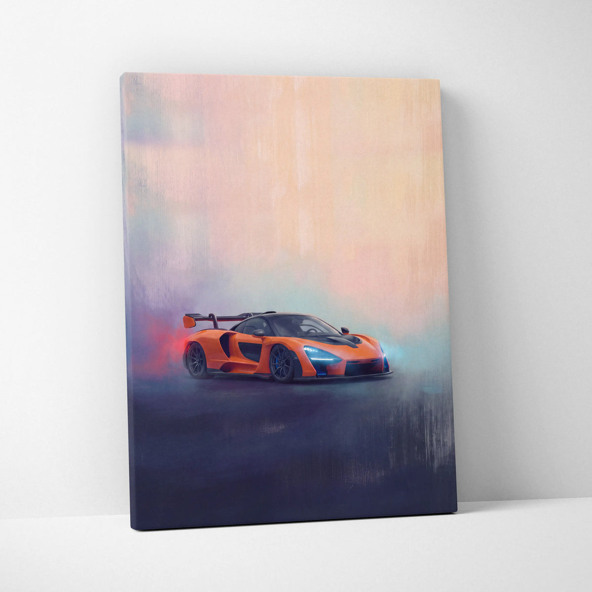 Vibrant orange mclaren senna stylized painting on canvas premium automotive wall decor for home or office display