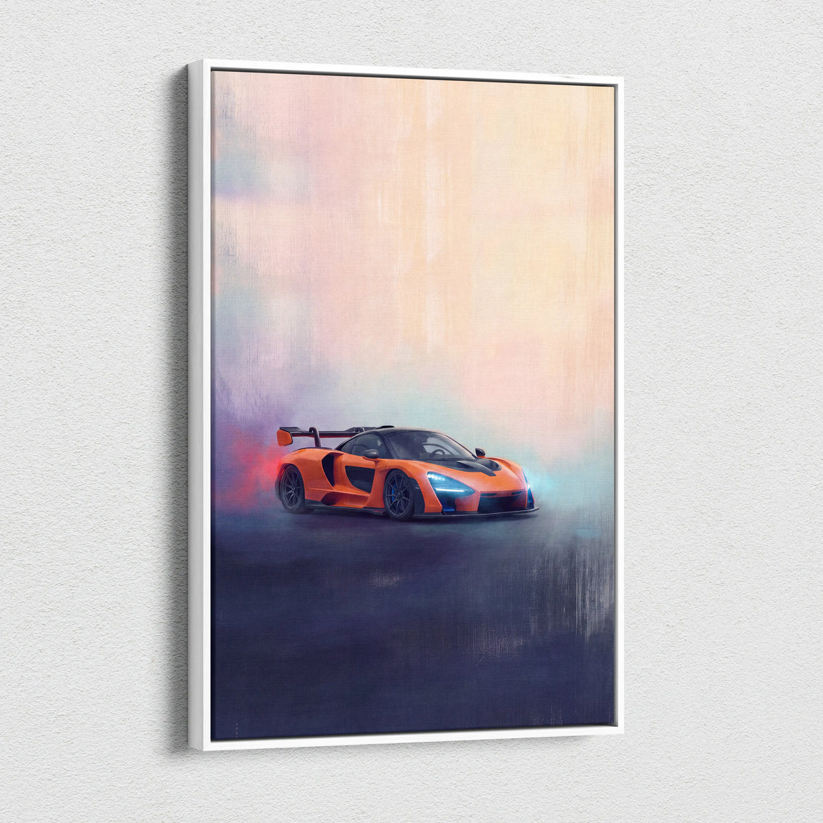 Orange McLaren Senna sports car stylized painterly canvas art in white frame premium automotive wall decor