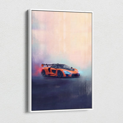 Orange McLaren Senna sports car stylized painterly canvas art in white frame premium automotive wall decor