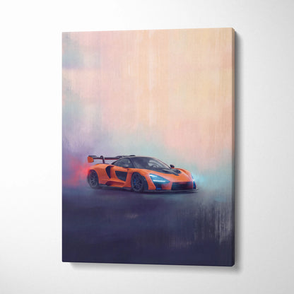 Vibrant orange mclaren senna canvas art featuring dynamic smoky sports car design for premium automotive decor