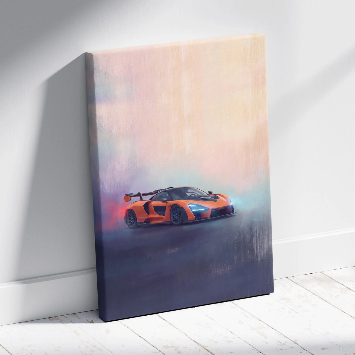 Orange mclaren sports car premium canvas art leaning against wall for automotive wall decor