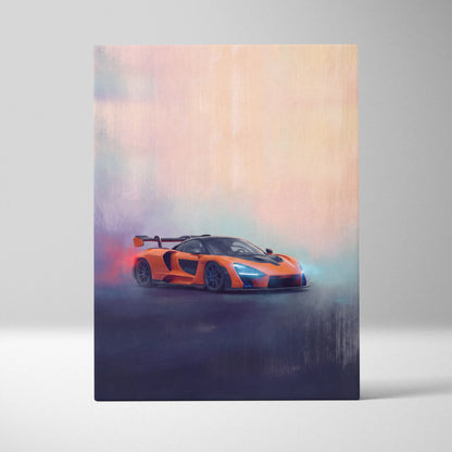 Premium canvas art featuring a vibrant orange mclaren senna with dynamic smoky artistic rendering for wall decor