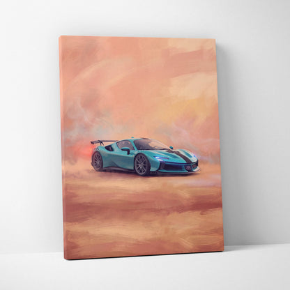 Ferrari sf90 xx stradale inspired canvas painting print featuring a vibrant turquoise sports car with black racing stripes and spoiler