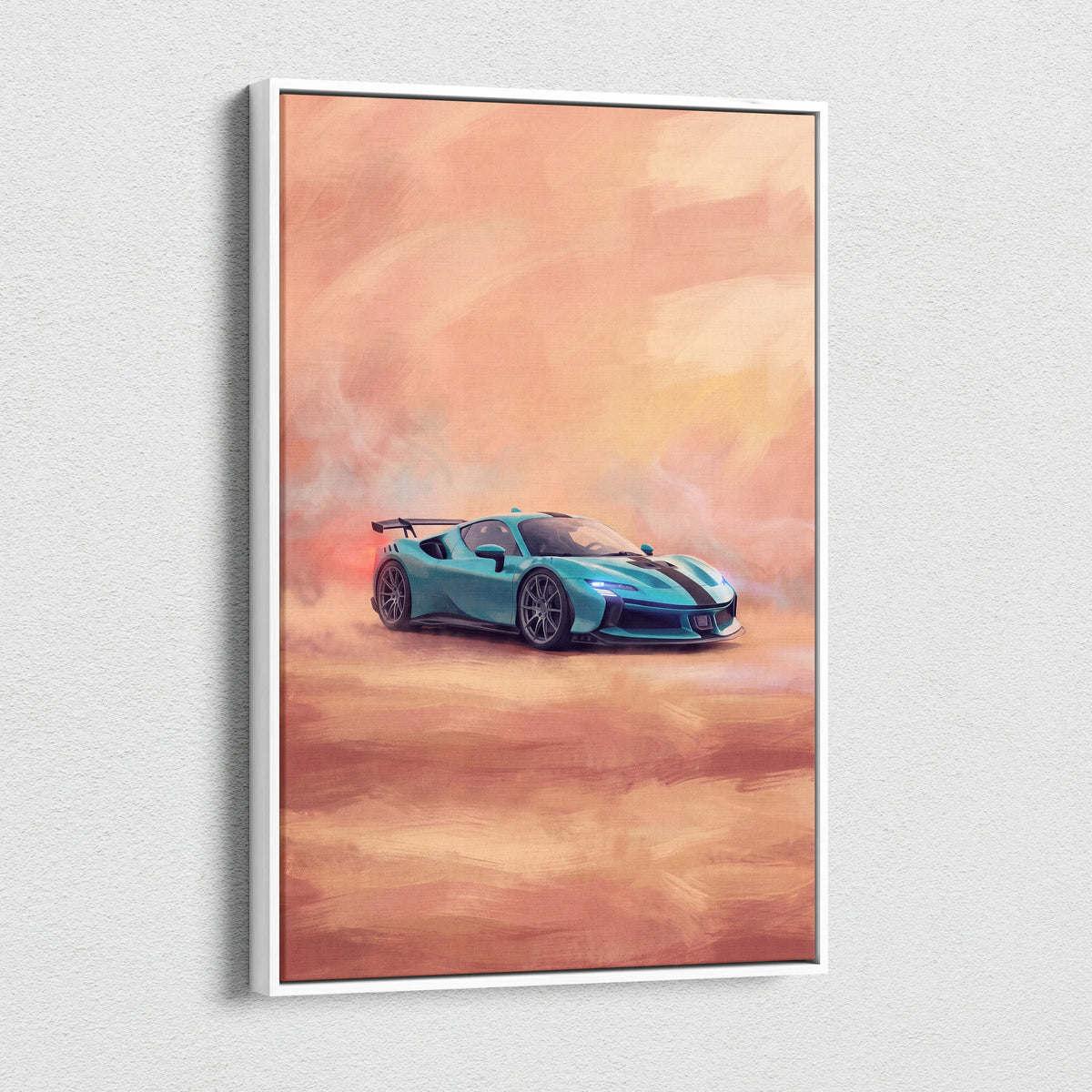 A framed canvas painting print of a turquoise ferrari sf90 xx stradale inspired sports car with black stripes against a warm sky