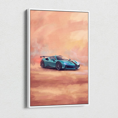 A framed canvas painting print of a turquoise ferrari sf90 xx stradale inspired sports car with black stripes against a warm sky