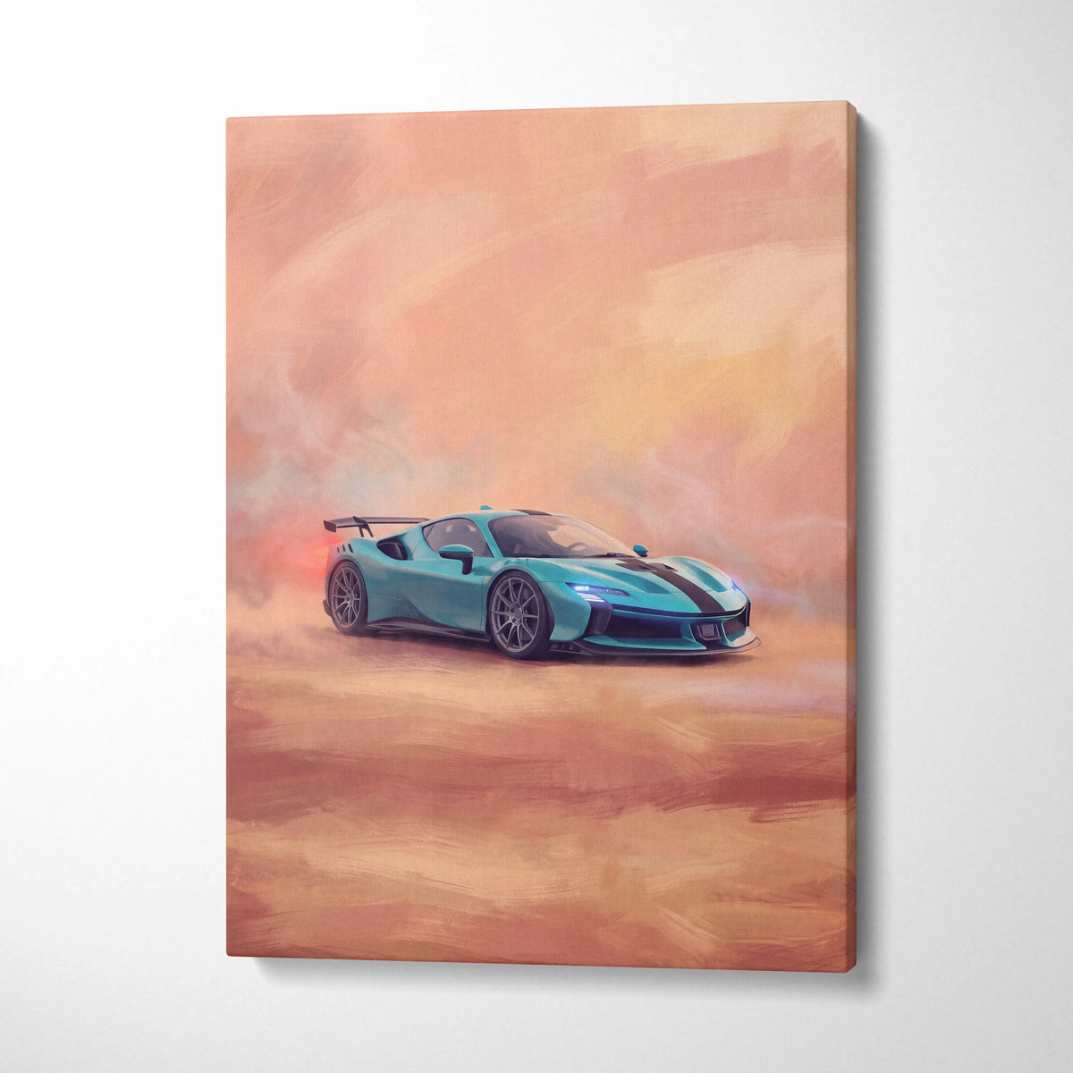 Turquoise sports car with black racing stripes and rear spoiler on ferrari sf90 xx stradale inspired canvas wall art
