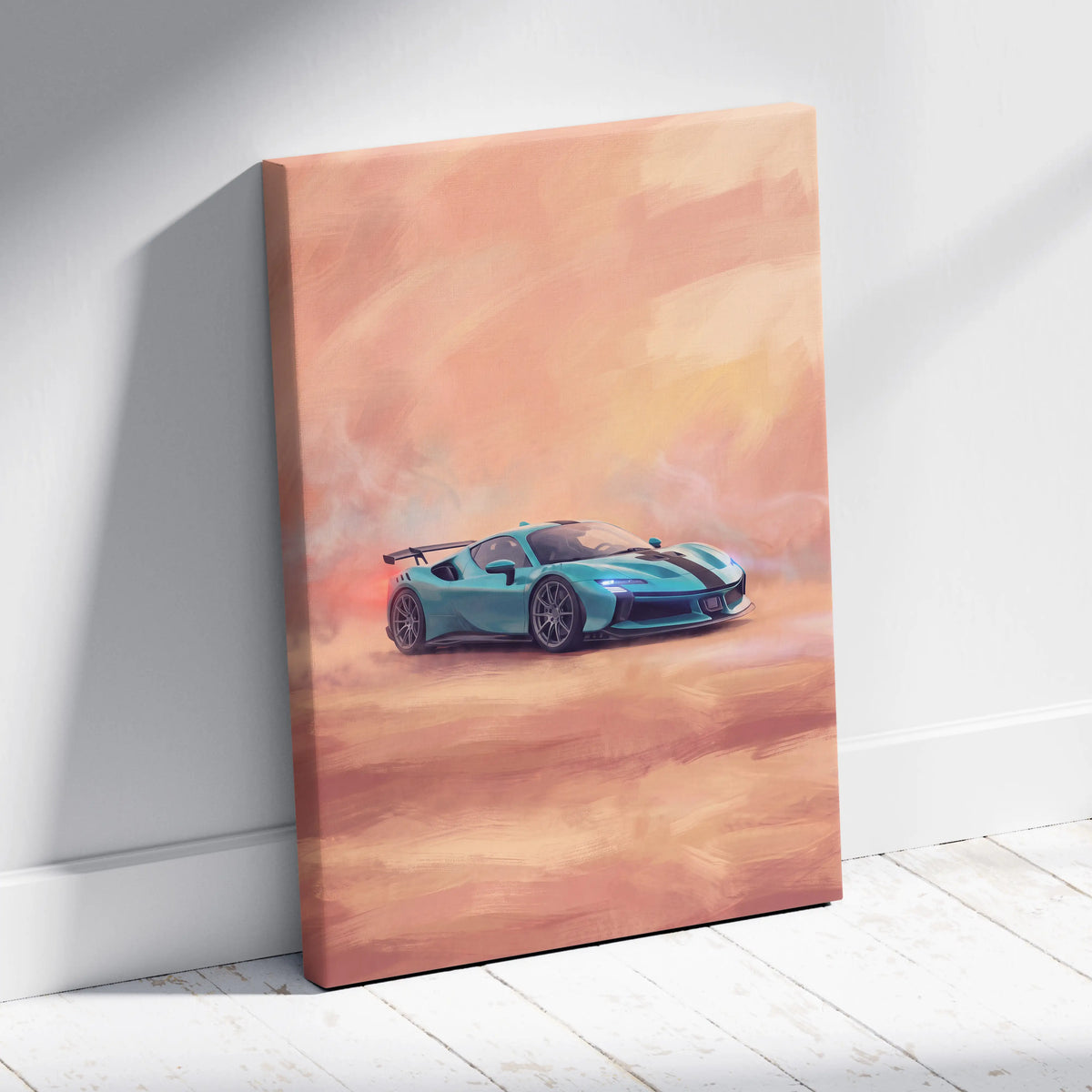 Turquoise Ferrari SF90 XX Stradale inspired sports car with black stripes on artistic canvas wall art print