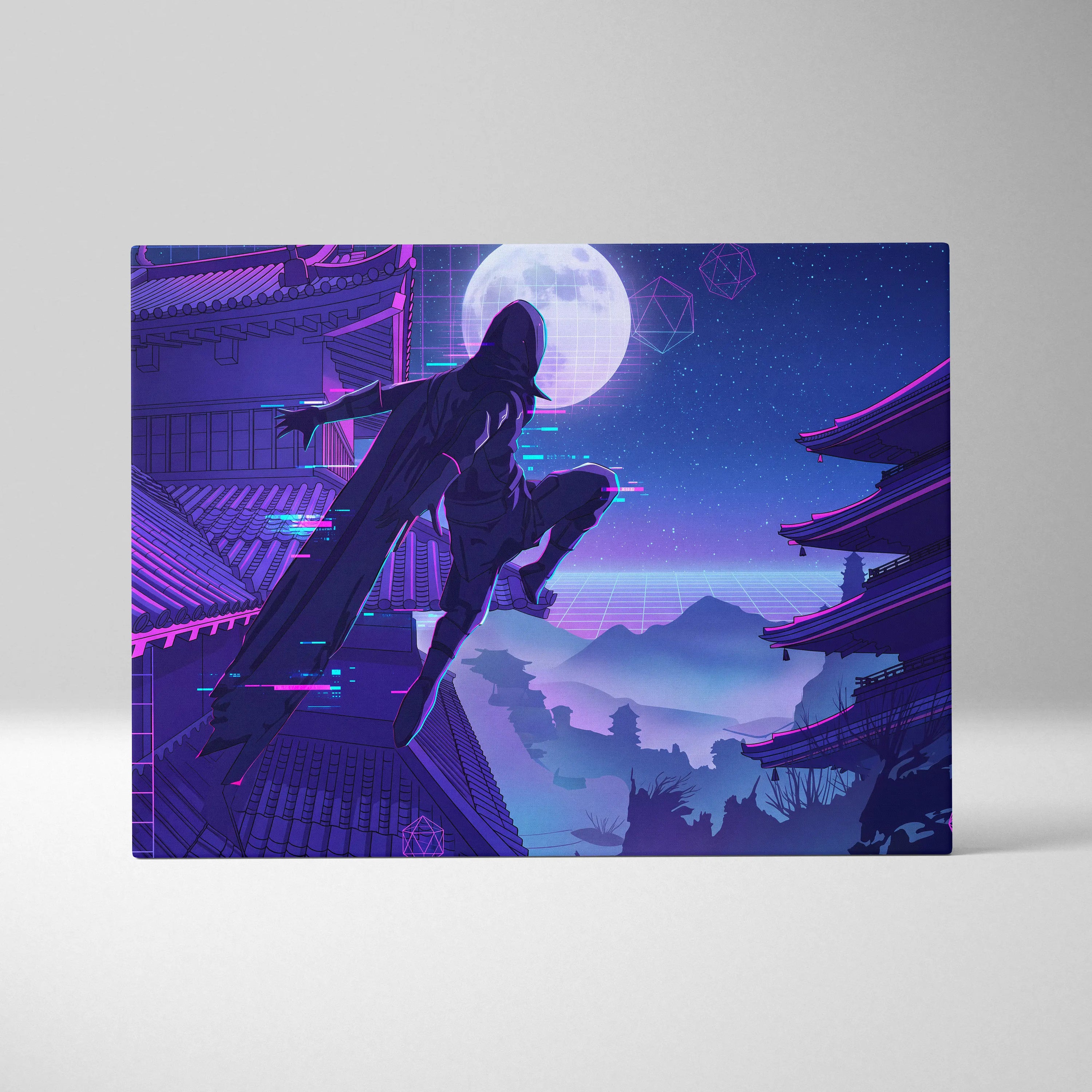 Vaporwave Neon Moon Canvas - Moon Neon Pink Blue Living Room Art Vaporwave Dreamy Mood Futuristic Decor Cyberpunk Canvas