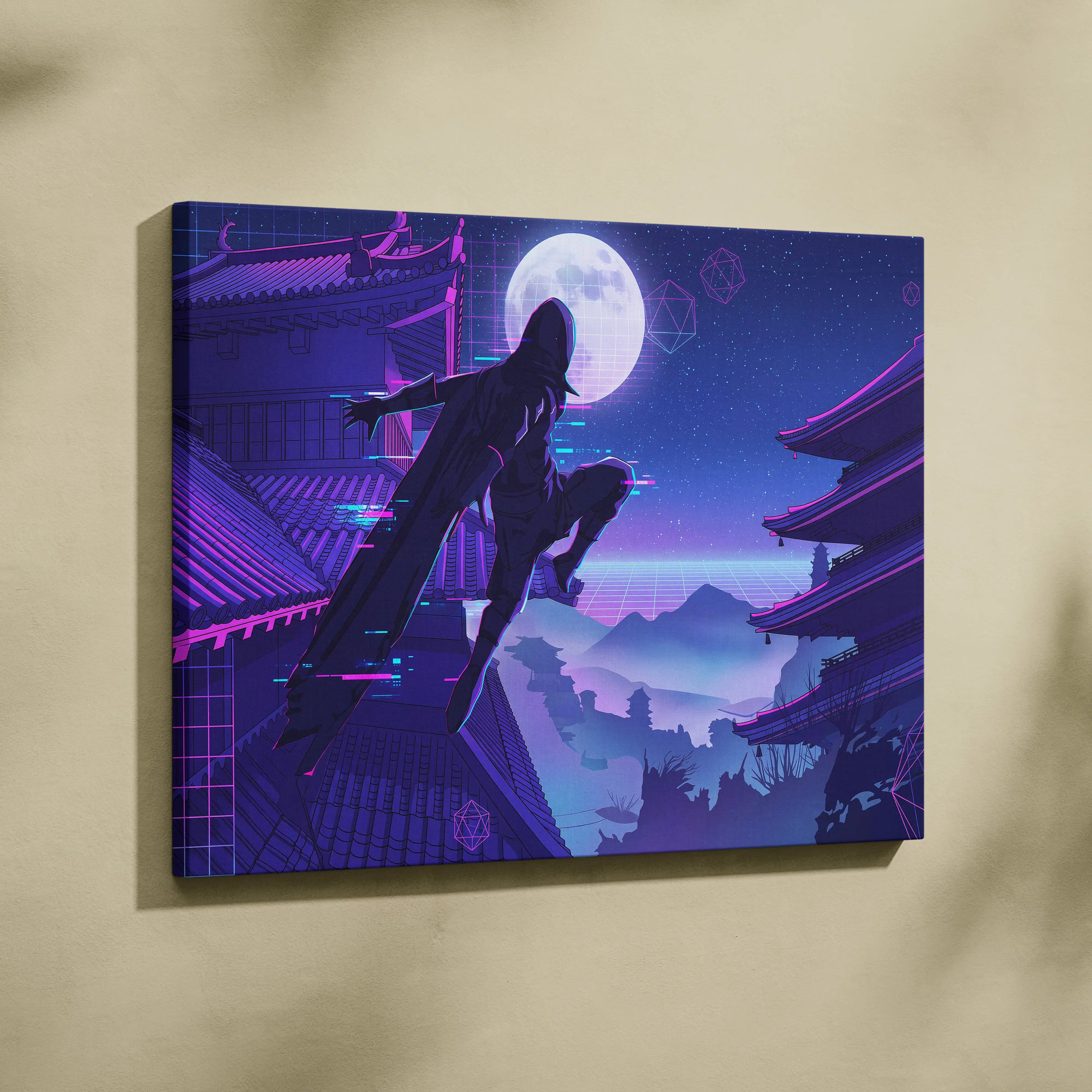 Vaporwave Neon Moon Canvas - Moon Neon Pink Blue Living Room Art Vaporwave Dreamy Mood Futuristic Decor Cyberpunk Canvas