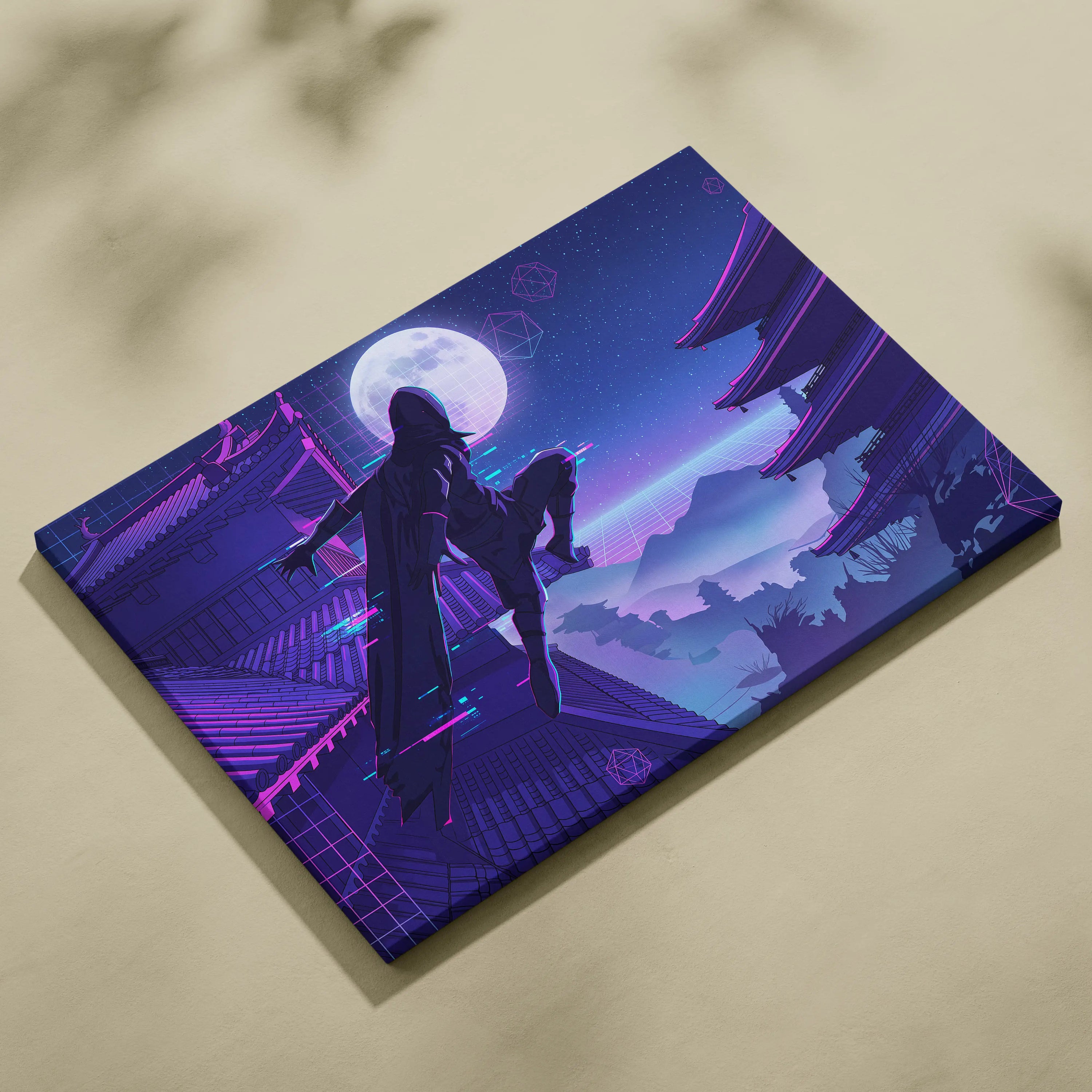 Vaporwave Neon Moon Canvas - Moon Neon Pink Blue Living Room Art Vaporwave Dreamy Mood Futuristic Decor Cyberpunk Canvas