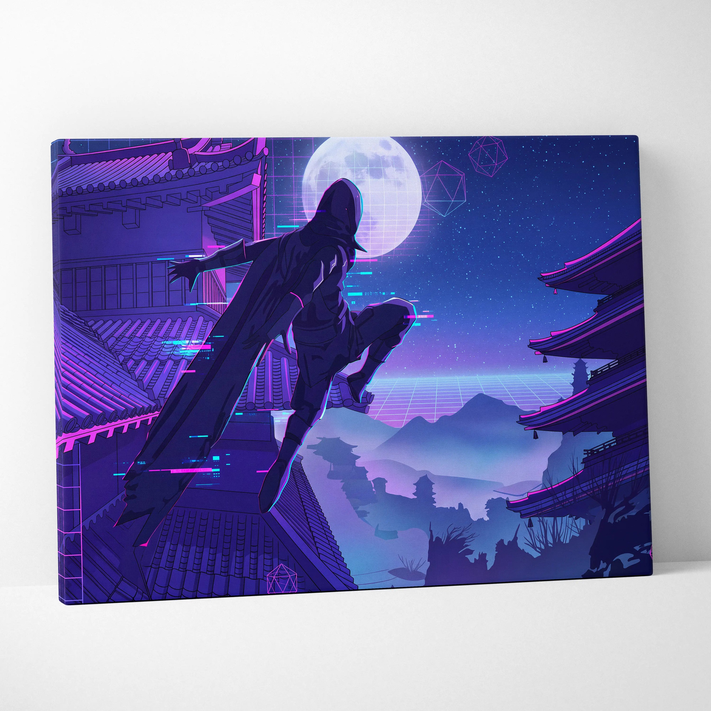Vaporwave Neon Moon Canvas - Moon Neon Pink Blue Living Room Art Vaporwave Dreamy Mood Futuristic Decor Cyberpunk Canvas