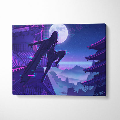 Vaporwave Neon Moon Canvas - Moon Neon Pink Blue Living Room Art Vaporwave Dreamy Mood Futuristic Decor Cyberpunk Canvas