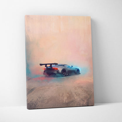 Aston Martin Vulcan inspired matte black sports car canvas print showing the back with rear spoiler and red taillights