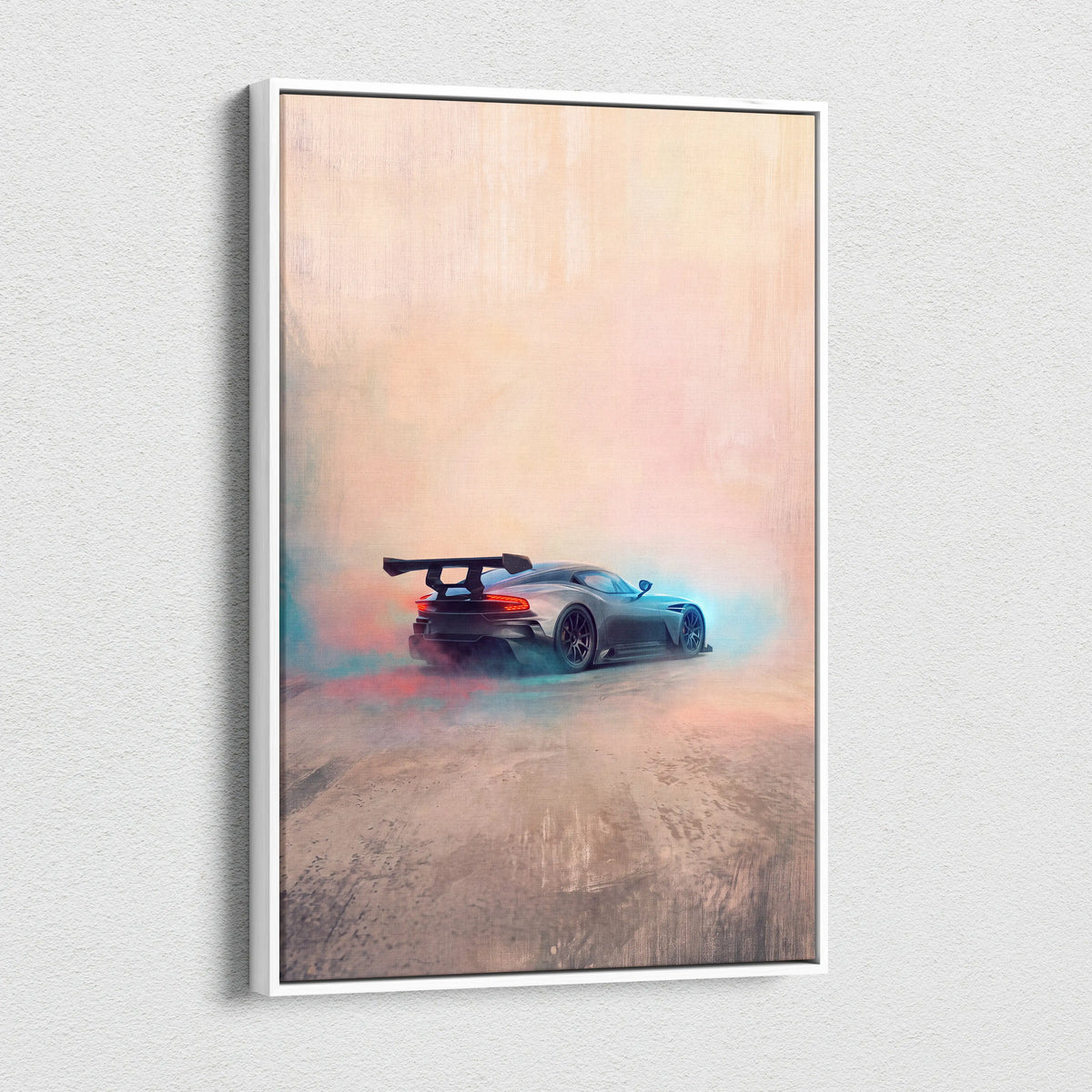 Aston Martin Vulcan inspired automotive wall art featuring a matte black sports car with rear spoiler in a white frame