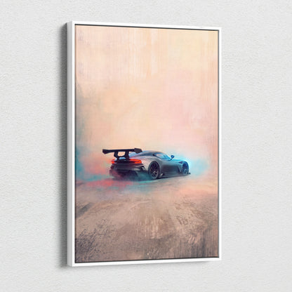 Aston Martin Vulcan inspired automotive wall art featuring a matte black sports car with rear spoiler in a white frame
