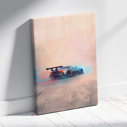 Aston Martin Vulcan inspired matte black sports car canvas print featuring rear spoiler and glowing red taillights in motion