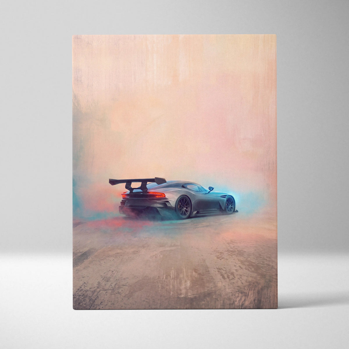 Aston Martin Vulcan inspired automotive wall art featuring a matte gray sports car with rear spoiler and glowing taillights