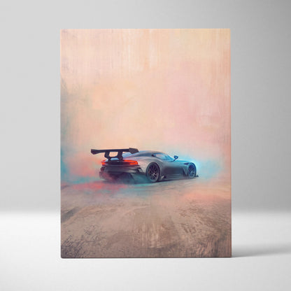 Aston Martin Vulcan inspired automotive wall art featuring a matte gray sports car with rear spoiler and glowing taillights