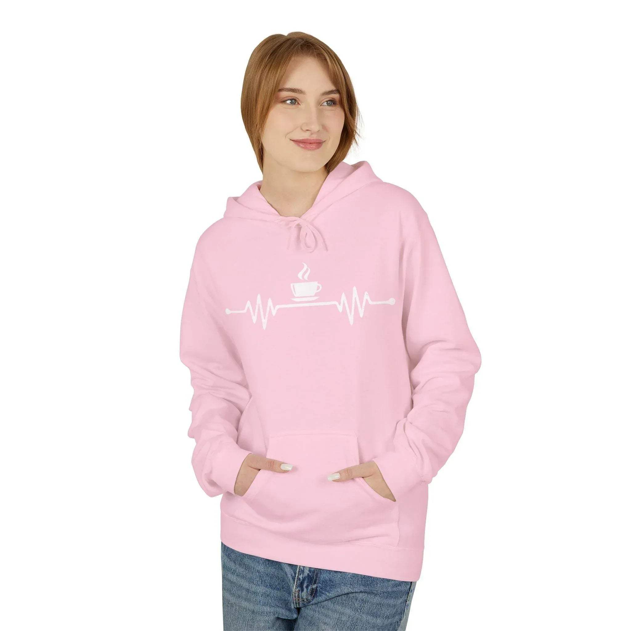 Cozy Coffee Lover's Fleece Hoodie – Heartbeat Design for Ultimate Comfort