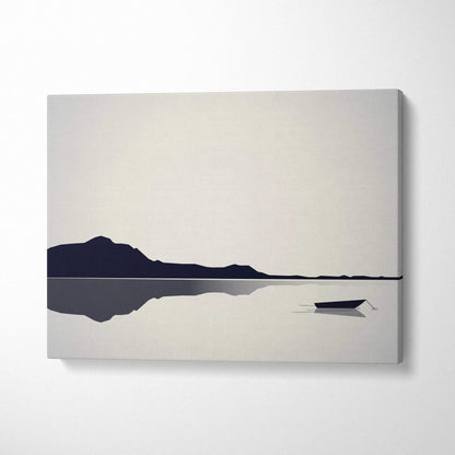 Minimalist lake with boat and mountain silhouettes canvas art