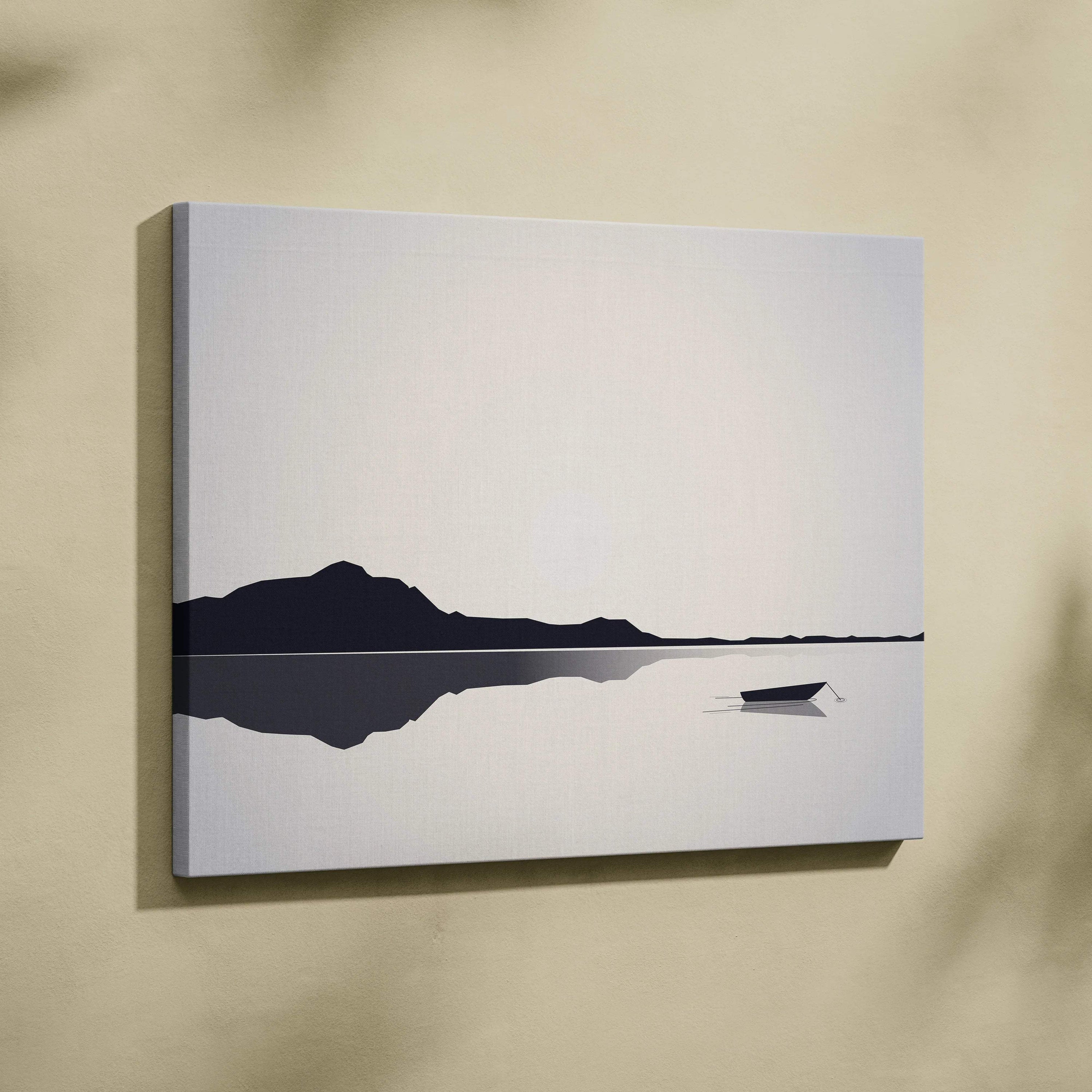 Minimalist serene lake canvas art with boat and mountain silhouettes