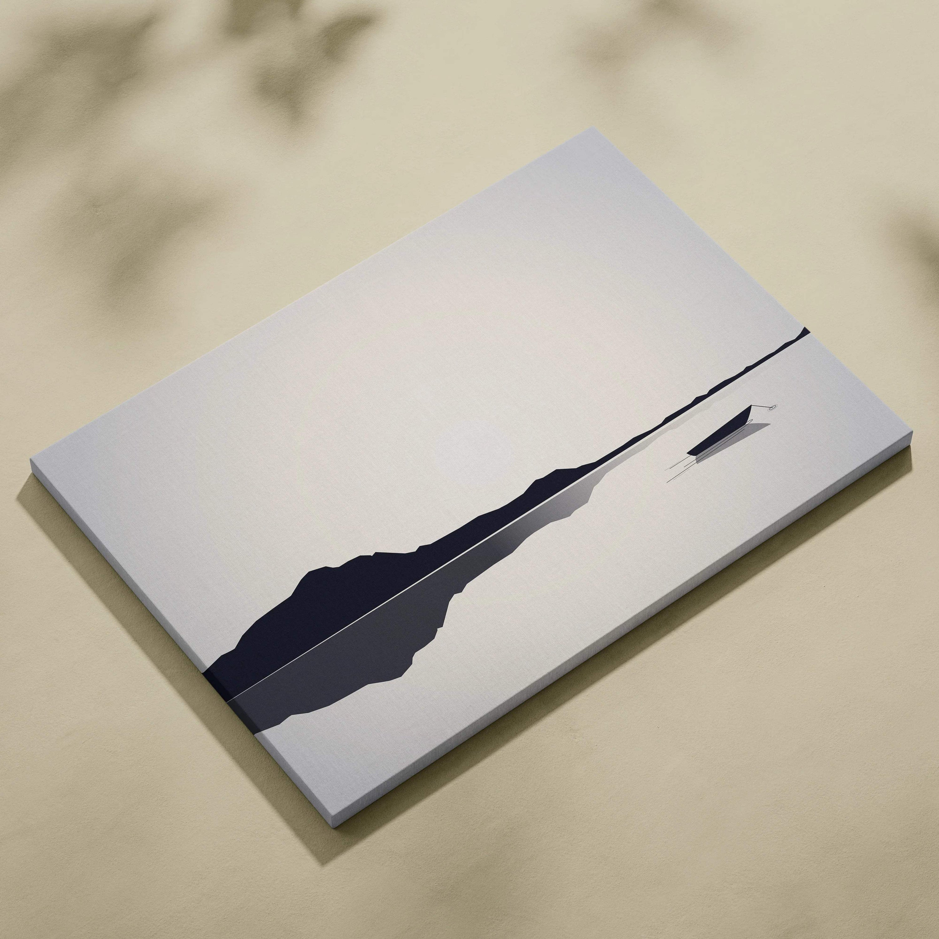 Minimalist sailboat silhouette on calm lake with gray mountains canvas art