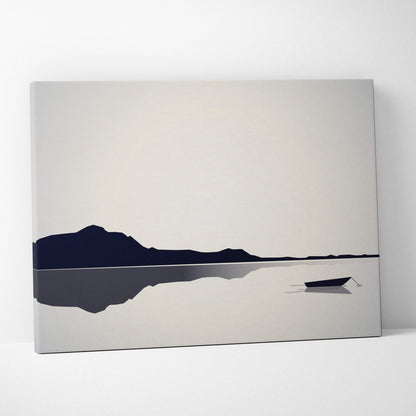 Minimalist lake with boat and mountain silhouettes canvas art