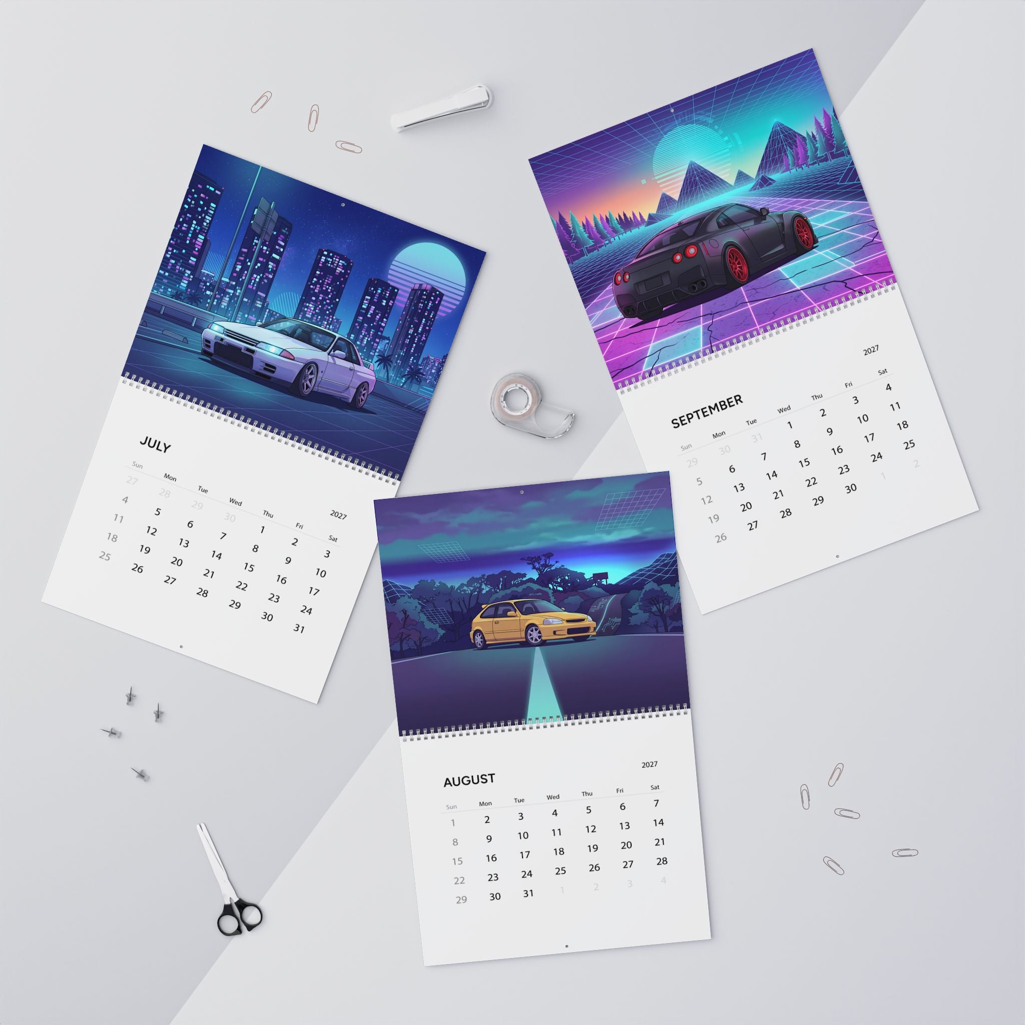 2027 JDM Vaporwave Art Calendar – Iconic Japanese Cars & Retro Futuristic Neon Artwork